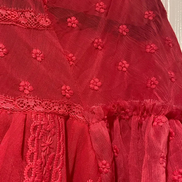 Aqua Pink High Neck Ruffle Sleeve Embroidered Flowy Babydoll Blouse Size M - Picture 3 of 11